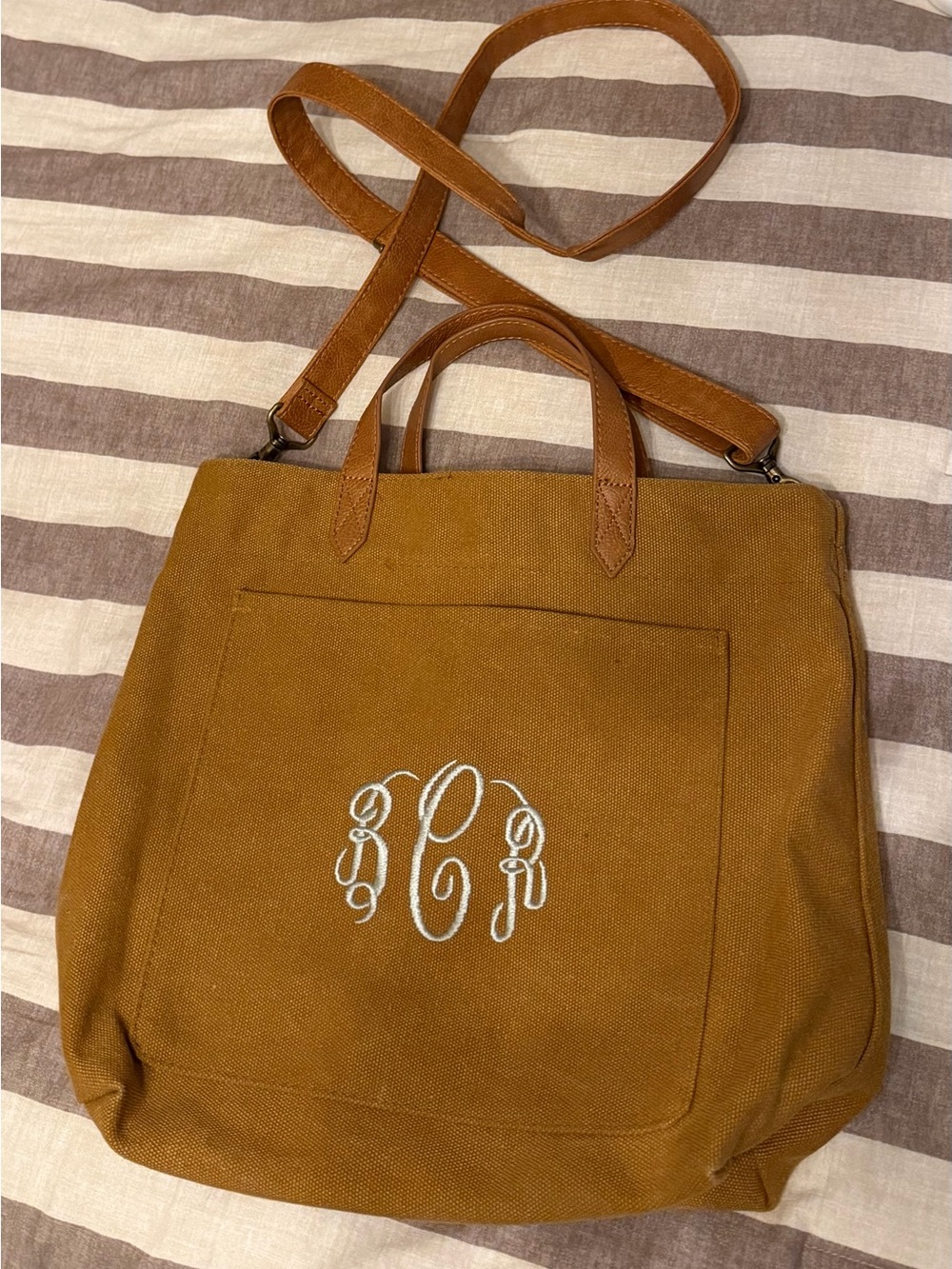 Monogram Canvas Tote Bag in Camel Brown with Leather Straps